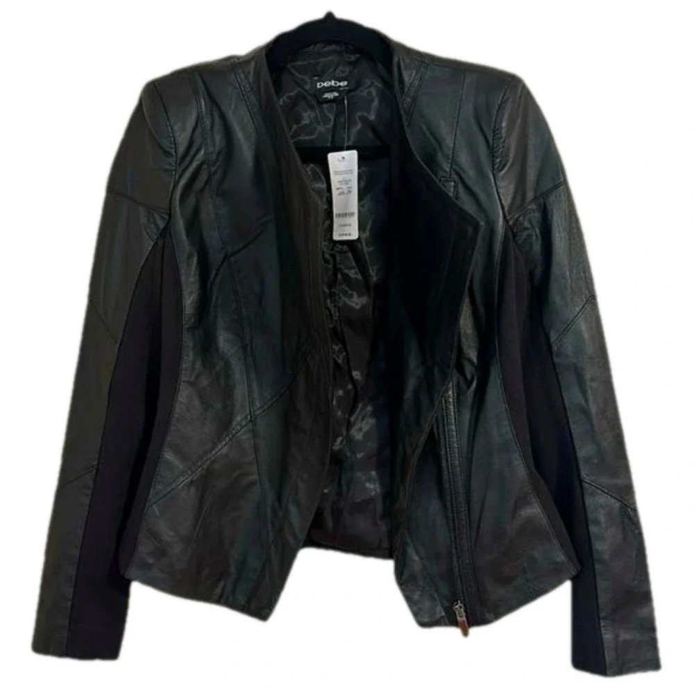 NWT BEBE vegan leather black combination moto asymmetrical Chris biker jacket